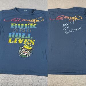 ED HARDY Beast of Burden T-Shirt Mens XL Graphic Rhinestones 2 Sided Rock Tattoo